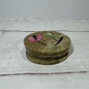 Vintage Handmade Oval Soapstone Decorative Stone Trinket Box Floral India